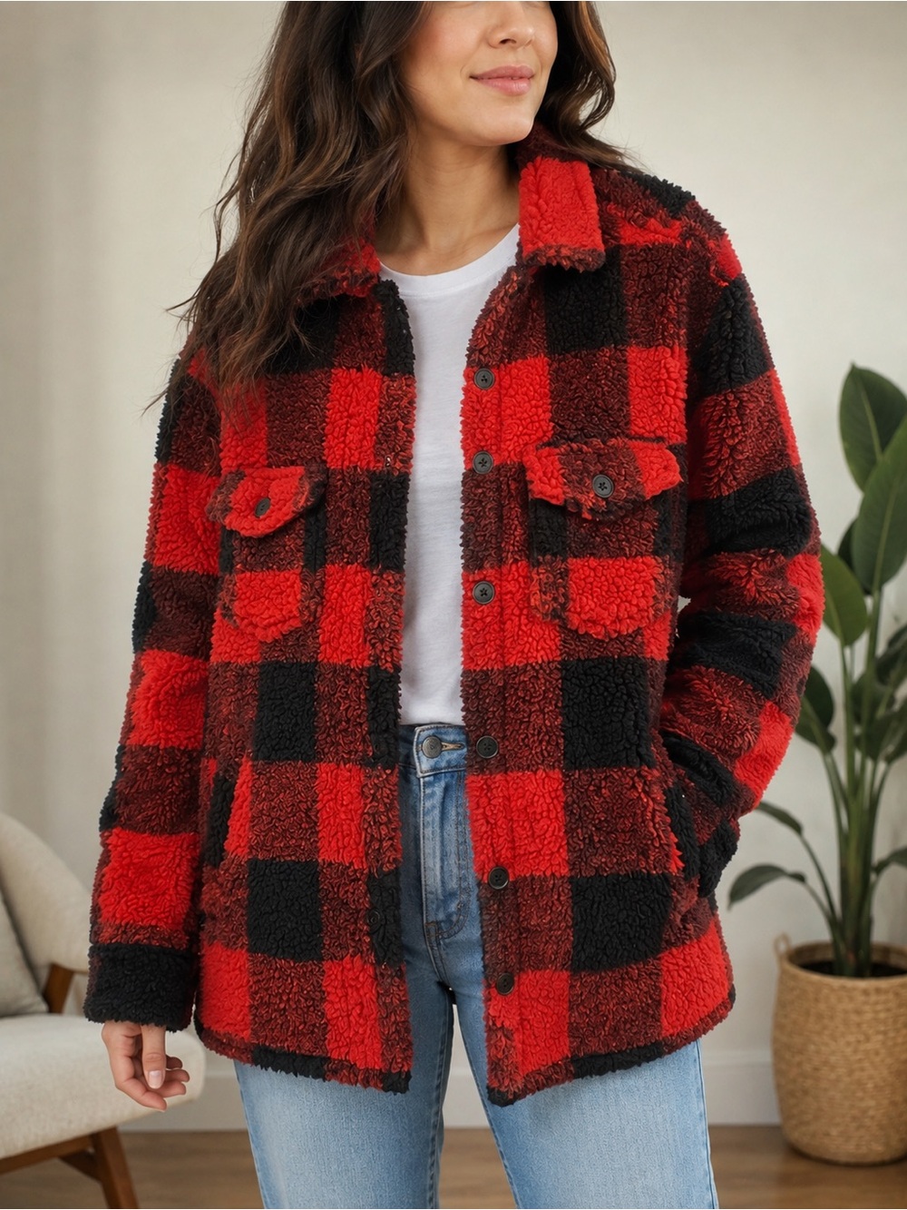 GAP Red and Black Buffalo Plaid Sherpa Jacket